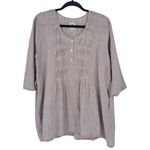 Namsar Pintucked Striped Top 100% Cotton Lagenlook Brown Cream Women's Size L